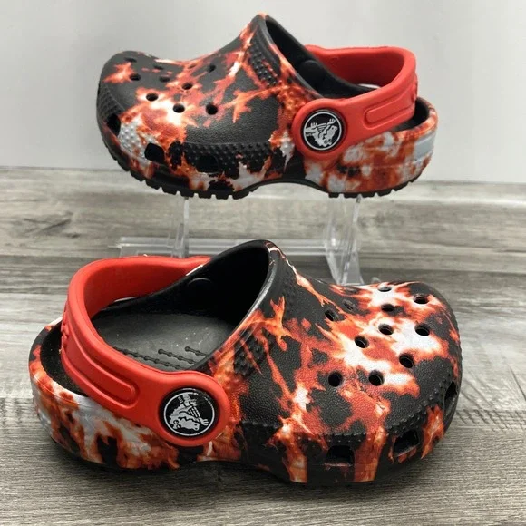 Crocs Toddler C5 Classic Clog Fire Tie Dye Red Black Flame Slip On Shoes - Picture 1 of 7